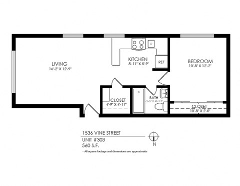 Floor plan for 1 bed, 1 bath, 540 sqft